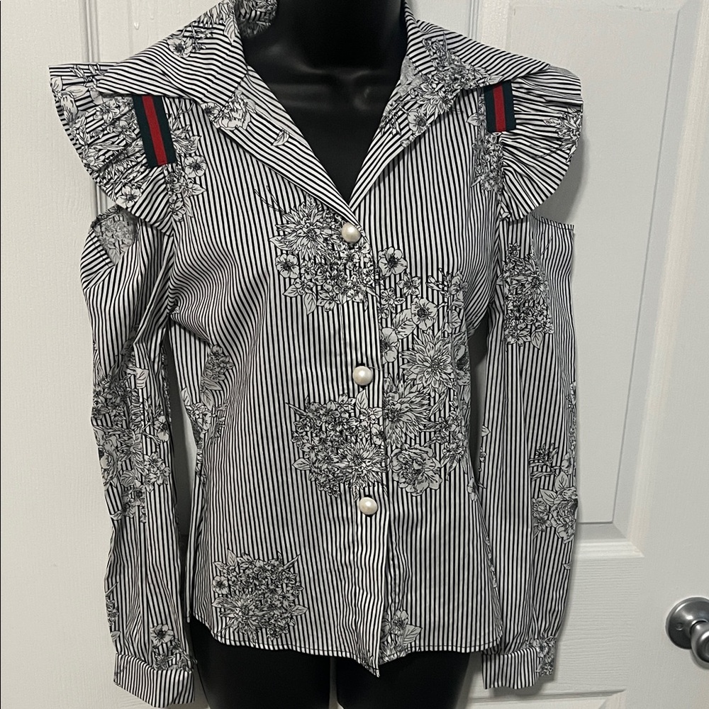 Black and White Striped Floral Blouse